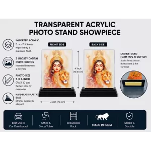 Durga Acrylic Car Dashboard Showpiece | Double-Sided Durga Photo Stand | 3 X 4 Inch Photo | Transparent Acrylic Frame With Black Base | Car Dashboard, Office & Table Decor (F72152)