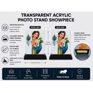 Krishna Acrylic Car Dashboard Showpiece | Double-Sided Krishna Photo Stand | 3 X 4 Inch Photo | Transparent Acrylic Frame With Black Base | Car Dashboard, Office & Table Decor (F72195)