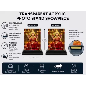 Lakshmi Acrylic Car Dashboard Showpiece | Double-Sided Lakshmi Photo Stand | 3 X 4 Inch Photo | Transparent Acrylic Frame With Black Base | Car Dashboard, Office & Table Decor (F72201)