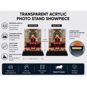Lord Ganesha Acrylic Car Dashboard Showpiece | Double-Sided Lord Ganesha Photo Stand | 3 X 4 Inch Photo | Transparent Acrylic Frame With Black Base | Car Dashboard, Office & Table Decor (F72205)