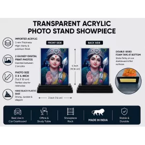 Krishna Acrylic Car Dashboard Showpiece | Double-Sided Krishna Photo Stand | 3 X 4 Inch Photo | Transparent Acrylic Frame With Black Base | Car Dashboard, Office & Table Decor (F72267)