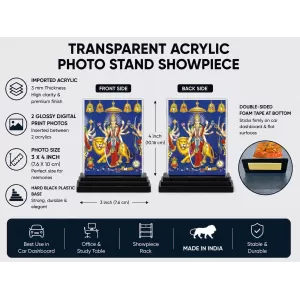 Goddess Durga Acrylic Car Dashboard Showpiece | Double-Sided Goddess Durga Photo Stand | 3 X 4 Inch Photo | Transparent Acrylic Frame With Black Base | Car Dashboard, Office & Table Decor (F72277)