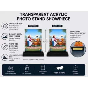 Jesus Christ And Shree Yogodananda Acrylic Car Dashboard Showpiece | Double-Sided Jesus Christ And Shree Yogodananda Photo Stand | 3 X 4 Inch Photo | Transparent Acrylic Frame With Black Base | Car Dashboard, Office & Table Decor (F72282)