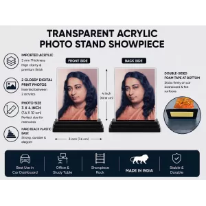 Ramahansa Yogananda Acrylic Car Dashboard Showpiece | Double-Sided Ramahansa Yogananda Photo Stand | 3 X 4 Inch Photo | Transparent Acrylic Frame With Black Base | Car Dashboard, Office & Table Decor (F72284)