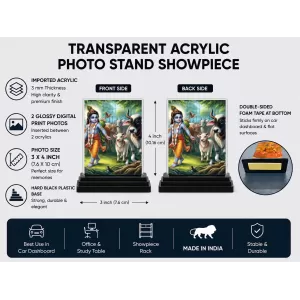 Krishna Acrylic Car Dashboard Showpiece | Double-Sided Krishna Photo Stand | 3 X 4 Inch Photo | Transparent Acrylic Frame With Black Base | Car Dashboard, Office & Table Decor (F72287)