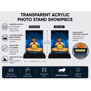Hanuman Acrylic Car Dashboard Showpiece | Double-Sided Hanuman Photo Stand | 3 X 4 Inch Photo | Transparent Acrylic Frame With Black Base | Car Dashboard, Office & Table Decor (F72302)