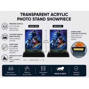 Shiva And Parvati Acrylic Car Dashboard Showpiece | Double-Sided Shiva And Parvati Photo Stand | 3 X 4 Inch Photo | Transparent Acrylic Frame With Black Base | Car Dashboard, Office & Table Decor (F72324)