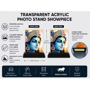 Shree Krishna Acrylic Car Dashboard Showpiece | Double-Sided Shree Krishna Photo Stand | 3 X 4 Inch Photo | Transparent Acrylic Frame With Black Base | Car Dashboard, Office & Table Decor (F72337)