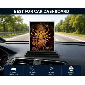 Durga Maa Acrylic Car Dashboard Showpiece | Double-Sided Durga Maa Photo Stand | 3 X 4 Inch Photo | Transparent Acrylic Frame With Black Base | Car Dashboard, Office & Table Decor (F70225)