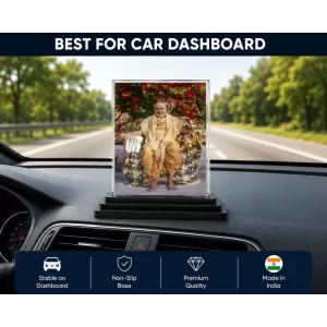 Radhanath Swami Acrylic Car Dashboard Showpiece | Double-Sided Radhanath Swami Photo Stand | 3 X 4 Inch Photo | Transparent Acrylic Frame With Black Base | Car Dashboard, Office & Table Decor (F70231)
