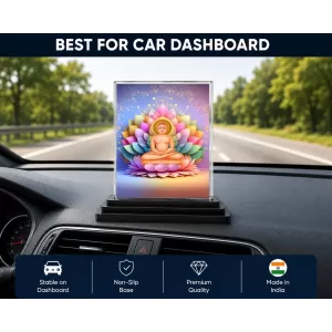 Mahavira Acrylic Car Dashboard Showpiece | Double-Sided Mahavira Photo Stand | 3 X 4 Inch Photo | Transparent Acrylic Frame With Black Base | Car Dashboard, Office & Table Decor (F70234)
