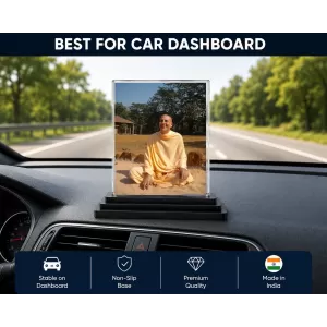 Radhanath Swami Acrylic Car Dashboard Showpiece | Double-Sided Radhanath Swami Photo Stand | 3 X 4 Inch Photo | Transparent Acrylic Frame With Black Base | Car Dashboard, Office & Table Decor (F70235)