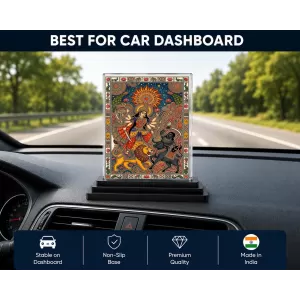 Durga Maa Acrylic Car Dashboard Showpiece | Double-Sided Durga Maa Photo Stand | 3 X 4 Inch Photo | Transparent Acrylic Frame With Black Base | Car Dashboard, Office & Table Decor (F70239)