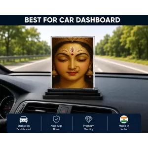 Durga Maa Acrylic Car Dashboard Showpiece | Double-Sided Durga Maa Photo Stand | 3 X 4 Inch Photo | Transparent Acrylic Frame With Black Base | Car Dashboard, Office & Table Decor (F70251)