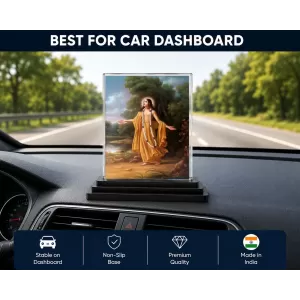 Chaitanya Mahaprabhu Acrylic Car Dashboard Showpiece | Double-Sided Chaitanya Mahaprabhu Photo Stand | 3 X 4 Inch Photo | Transparent Acrylic Frame With Black Base | Car Dashboard, Office & Table Decor (F70254)
