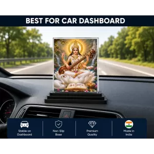 Saraswati Acrylic Car Dashboard Showpiece | Double-Sided Saraswati Photo Stand | 3 X 4 Inch Photo | Transparent Acrylic Frame With Black Base | Car Dashboard, Office & Table Decor (F70314)