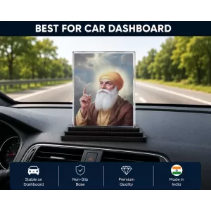 Guru Nanak Dev Ji Acrylic Car Dashboard Showpiece | Double-Sided Guru Nanak Dev Ji Photo Stand | 3 X 4 Inch Photo | Transparent Acrylic Frame With Black Base | Car Dashboard, Office & Table Decor (F70327)