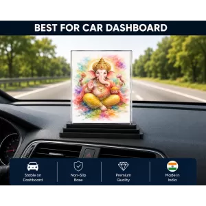 Hindu Deity Acrylic Car Dashboard Showpiece | Double-Sided Hindu Deity Photo Stand | 3 X 4 Inch Photo | Transparent Acrylic Frame With Black Base | Car Dashboard, Office & Table Decor (F70333)