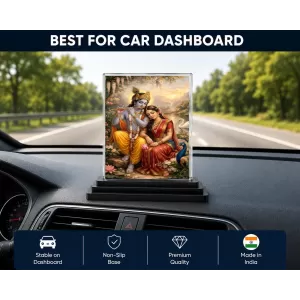 Radha Krishna Acrylic Car Dashboard Showpiece | Double-Sided Radha Krishna Photo Stand | 3 X 4 Inch Photo | Transparent Acrylic Frame With Black Base | Car Dashboard, Office & Table Decor (F70352)