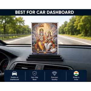 Hindu Deity Acrylic Car Dashboard Showpiece | Double-Sided Hindu Deity Photo Stand | 3 X 4 Inch Photo | Transparent Acrylic Frame With Black Base | Car Dashboard, Office & Table Decor (F70356)