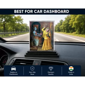 Radha Krishna Acrylic Car Dashboard Showpiece | Double-Sided Radha Krishna Photo Stand | 3 X 4 Inch Photo | Transparent Acrylic Frame With Black Base | Car Dashboard, Office & Table Decor (F70371)