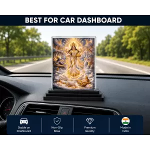 Hindu Goddess Acrylic Car Dashboard Showpiece | Double-Sided Hindu Goddess Photo Stand | 3 X 4 Inch Photo | Transparent Acrylic Frame With Black Base | Car Dashboard, Office & Table Decor (F70385)