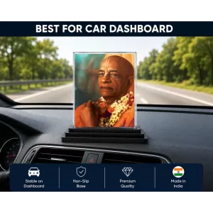 A.C. Bhaktivedanta Swami Prabhupada Acrylic Car Dashboard Showpiece | Double-Sided A.C. Bhaktivedanta Swami Prabhupada Photo Stand | 3 X 4 Inch Photo | Transparent Acrylic Frame With Black Base | Car Dashboard, Office & Table Decor (F70388)