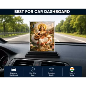 Saraswati Acrylic Car Dashboard Showpiece | Double-Sided Saraswati Photo Stand | 3 X 4 Inch Photo | Transparent Acrylic Frame With Black Base | Car Dashboard, Office & Table Decor (F70392)