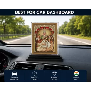 Saraswati Acrylic Car Dashboard Showpiece | Double-Sided Saraswati Photo Stand | 3 X 4 Inch Photo | Transparent Acrylic Frame With Black Base | Car Dashboard, Office & Table Decor (F70407)