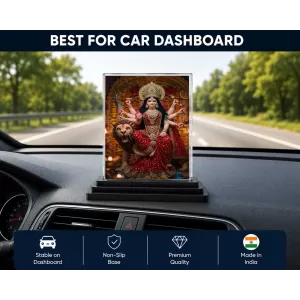 Durga Maa Acrylic Car Dashboard Showpiece | Double-Sided Durga Maa Photo Stand | 3 X 4 Inch Photo | Transparent Acrylic Frame With Black Base | Car Dashboard, Office & Table Decor (F70419)