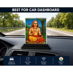 Acharya Kundakunda Acrylic Car Dashboard Showpiece | Double-Sided Acharya Kundakunda Photo Stand | 3 X 4 Inch Photo | Transparent Acrylic Frame With Black Base | Car Dashboard, Office & Table Decor (F70423)