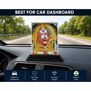 Sai Baba Of Shirdi Acrylic Car Dashboard Showpiece | Double-Sided Sai Baba Of Shirdi Photo Stand | 3 X 4 Inch Photo | Transparent Acrylic Frame With Black Base | Car Dashboard, Office & Table Decor (F70424)