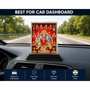 Durga Maa Acrylic Car Dashboard Showpiece | Double-Sided Durga Maa Photo Stand | 3 X 4 Inch Photo | Transparent Acrylic Frame With Black Base | Car Dashboard, Office & Table Decor (F70431)