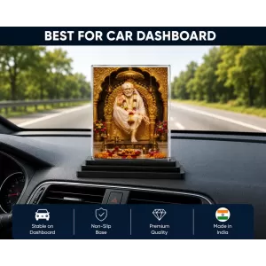 Sai Baba Acrylic Car Dashboard Showpiece | Double-Sided Sai Baba Photo Stand | 3 X 4 Inch Photo | Transparent Acrylic Frame With Black Base | Car Dashboard, Office & Table Decor (F70434)