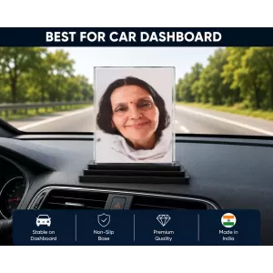 Maa Anandamoyee Acrylic Car Dashboard Showpiece | Double-Sided Maa Anandamoyee Photo Stand | 3 X 4 Inch Photo | Transparent Acrylic Frame With Black Base | Car Dashboard, Office & Table Decor (F70447)