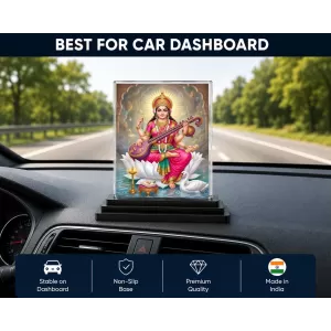 Saraswati Acrylic Car Dashboard Showpiece | Double-Sided Saraswati Photo Stand | 3 X 4 Inch Photo | Transparent Acrylic Frame With Black Base | Car Dashboard, Office & Table Decor (F70470)