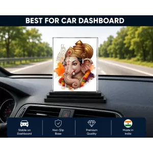 Lord Ganesha Acrylic Car Dashboard Showpiece | Double-Sided Lord Ganesha Photo Stand | 3 X 4 Inch Photo | Transparent Acrylic Frame With Black Base | Car Dashboard, Office & Table Decor (F70471)