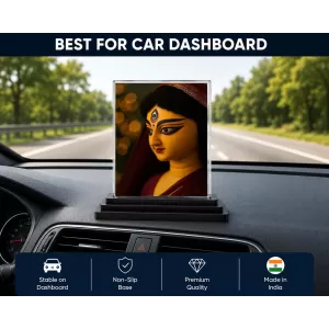Durga Maa Acrylic Car Dashboard Showpiece | Double-Sided Durga Maa Photo Stand | 3 X 4 Inch Photo | Transparent Acrylic Frame With Black Base | Car Dashboard, Office & Table Decor (F70502)