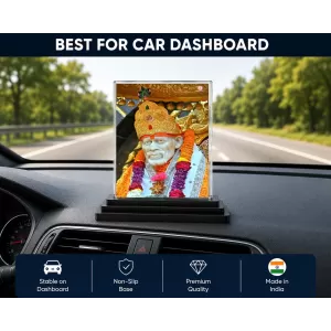 Sai Baba Of Shirdi Acrylic Car Dashboard Showpiece | Double-Sided Sai Baba Of Shirdi Photo Stand | 3 X 4 Inch Photo | Transparent Acrylic Frame With Black Base | Car Dashboard, Office & Table Decor (F70517)