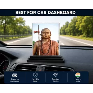 Acharya Kundakunda Acrylic Car Dashboard Showpiece | Double-Sided Acharya Kundakunda Photo Stand | 3 X 4 Inch Photo | Transparent Acrylic Frame With Black Base | Car Dashboard, Office & Table Decor (F70526)