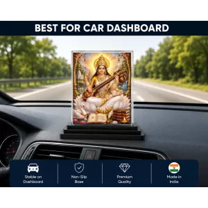 Saraswati Acrylic Car Dashboard Showpiece | Double-Sided Saraswati Photo Stand | 3 X 4 Inch Photo | Transparent Acrylic Frame With Black Base | Car Dashboard, Office & Table Decor (F70536)