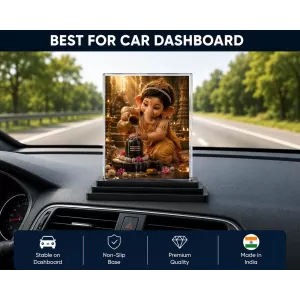 Lord Ganesha Acrylic Car Dashboard Showpiece | Double-Sided Lord Ganesha Photo Stand | 3 X 4 Inch Photo | Transparent Acrylic Frame With Black Base | Car Dashboard, Office & Table Decor (F70537)