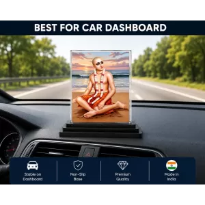 Chaitanya Mahaprabhu Acrylic Car Dashboard Showpiece | Double-Sided Chaitanya Mahaprabhu Photo Stand | 3 X 4 Inch Photo | Transparent Acrylic Frame With Black Base | Car Dashboard, Office & Table Decor (F70541)
