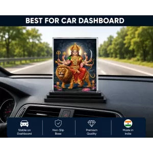 Durga Maa Acrylic Car Dashboard Showpiece | Double-Sided Durga Maa Photo Stand | 3 X 4 Inch Photo | Transparent Acrylic Frame With Black Base | Car Dashboard, Office & Table Decor (F70542)