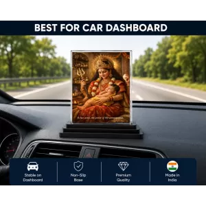 Durga Maa Acrylic Car Dashboard Showpiece | Double-Sided Durga Maa Photo Stand | 3 X 4 Inch Photo | Transparent Acrylic Frame With Black Base | Car Dashboard, Office & Table Decor (F70552)