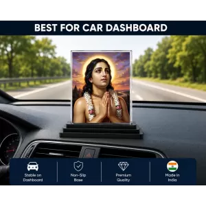 Chaitanya Mahaprabhu Acrylic Car Dashboard Showpiece | Double-Sided Chaitanya Mahaprabhu Photo Stand | 3 X 4 Inch Photo | Transparent Acrylic Frame With Black Base | Car Dashboard, Office & Table Decor (F70555)
