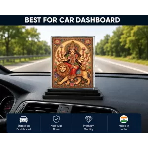 Durga Maa Acrylic Car Dashboard Showpiece | Double-Sided Durga Maa Photo Stand | 3 X 4 Inch Photo | Transparent Acrylic Frame With Black Base | Car Dashboard, Office & Table Decor (F70556)