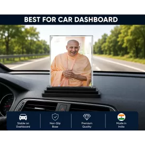 Radhanath Swami Acrylic Car Dashboard Showpiece | Double-Sided Radhanath Swami Photo Stand | 3 X 4 Inch Photo | Transparent Acrylic Frame With Black Base | Car Dashboard, Office & Table Decor (F70571)