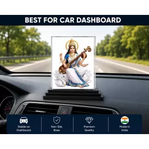 Saraswati Acrylic Car Dashboard Showpiece | Double-Sided Saraswati Photo Stand | 3 X 4 Inch Photo | Transparent Acrylic Frame With Black Base | Car Dashboard, Office & Table Decor (F70576)