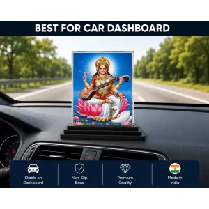 Saraswati Acrylic Car Dashboard Showpiece | Double-Sided Saraswati Photo Stand | 3 X 4 Inch Photo | Transparent Acrylic Frame With Black Base | Car Dashboard, Office & Table Decor (F70593)